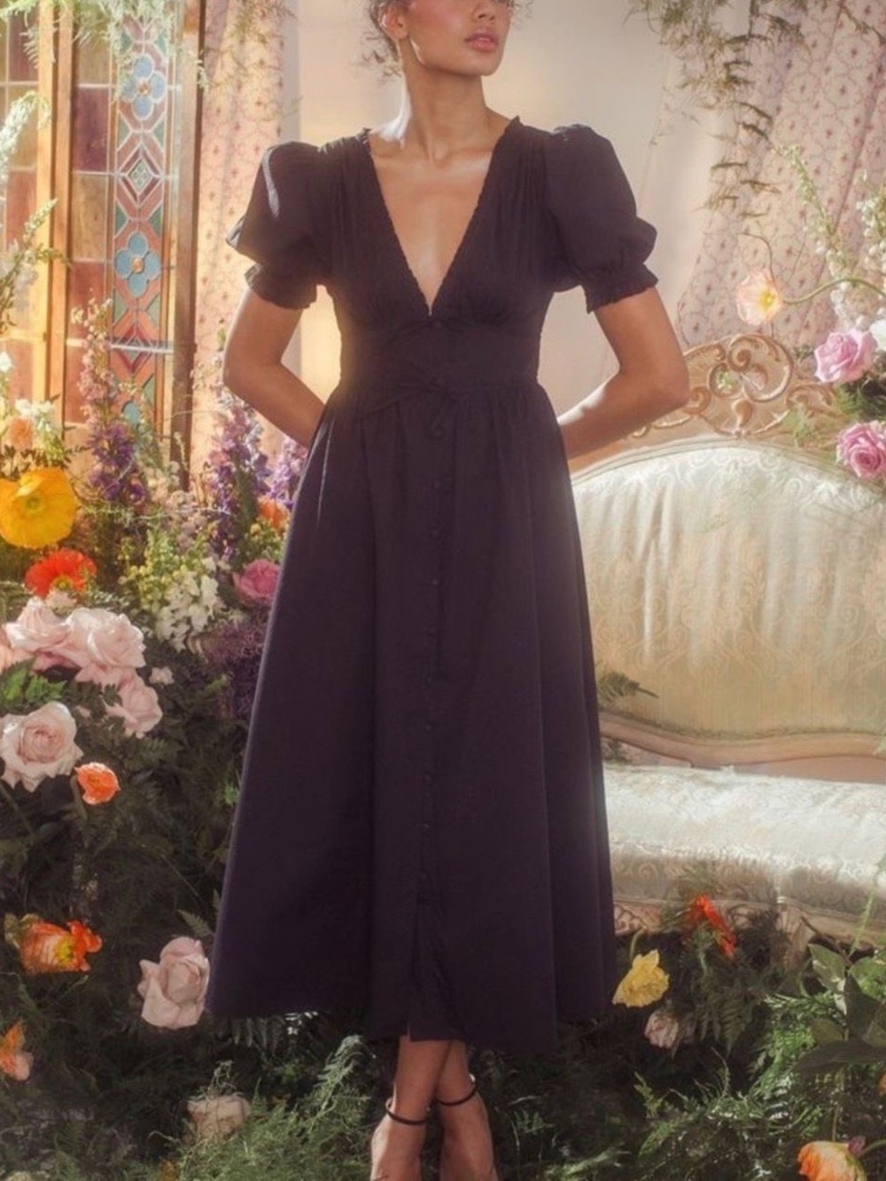Hill House Sabrina Nap Midi Dress in black polka dot  size S